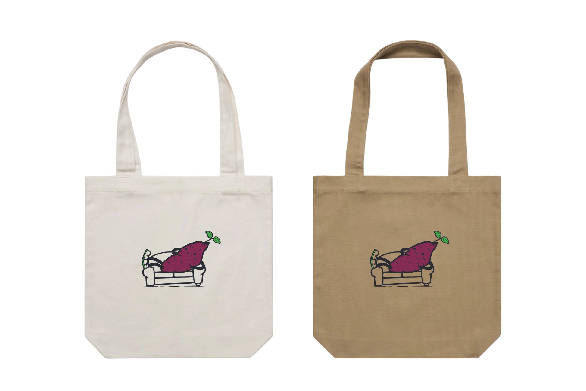 Flat lay of the Couch Kūmara Tote Bag – durable, eco-friendly, and designed for everyday errands or mahi. Perfect for carrying kai, gear, or your mental baggage.