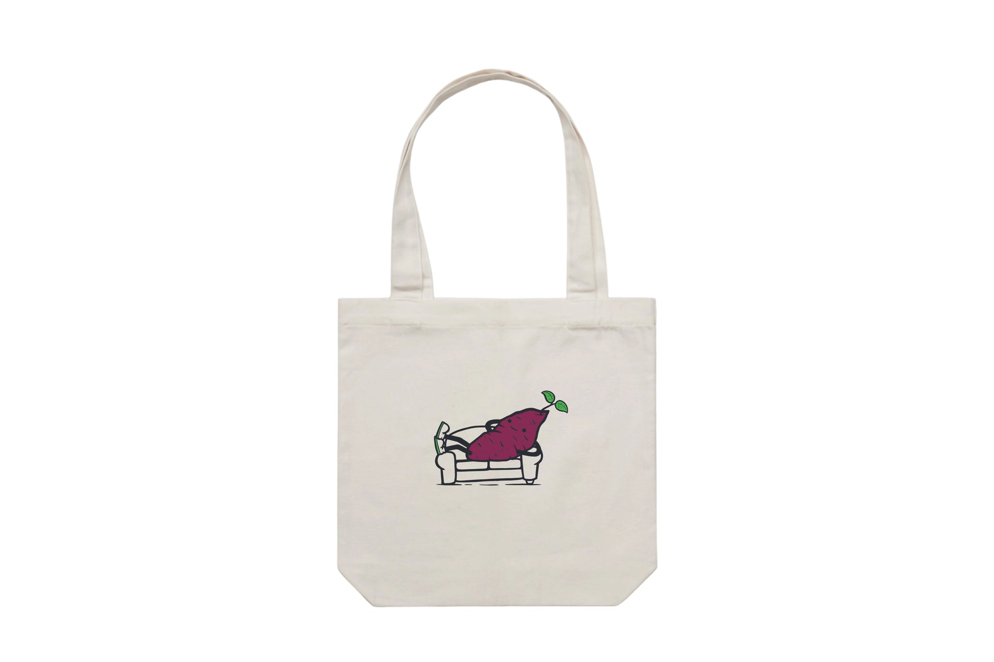 Flat lay of the Couch Kūmara Tote Bag – durable, eco-friendly, and designed for everyday errands or mahi. Perfect for carrying kai, gear, or your mental baggage.
