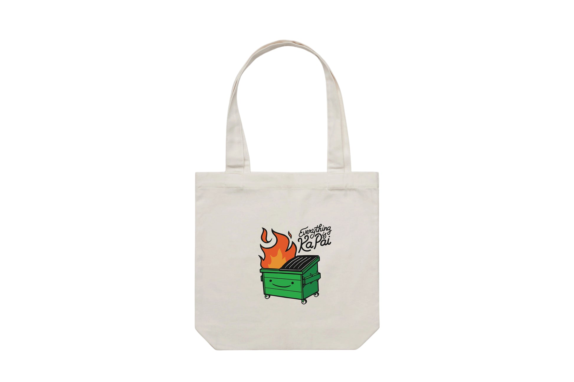 Flat lay of the Everything is Ka Pai Tote Bag – durable, eco-friendly, and designed for everyday errands or mahi. Perfect for carrying kai, gear, or your mental baggage.