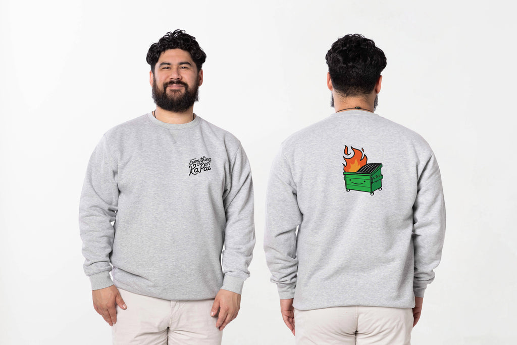 Model wearing the Everything is Ka Pai crewneck – unisex, Māori-inspired cotton/polyester hoodie for everyday NZ wear.