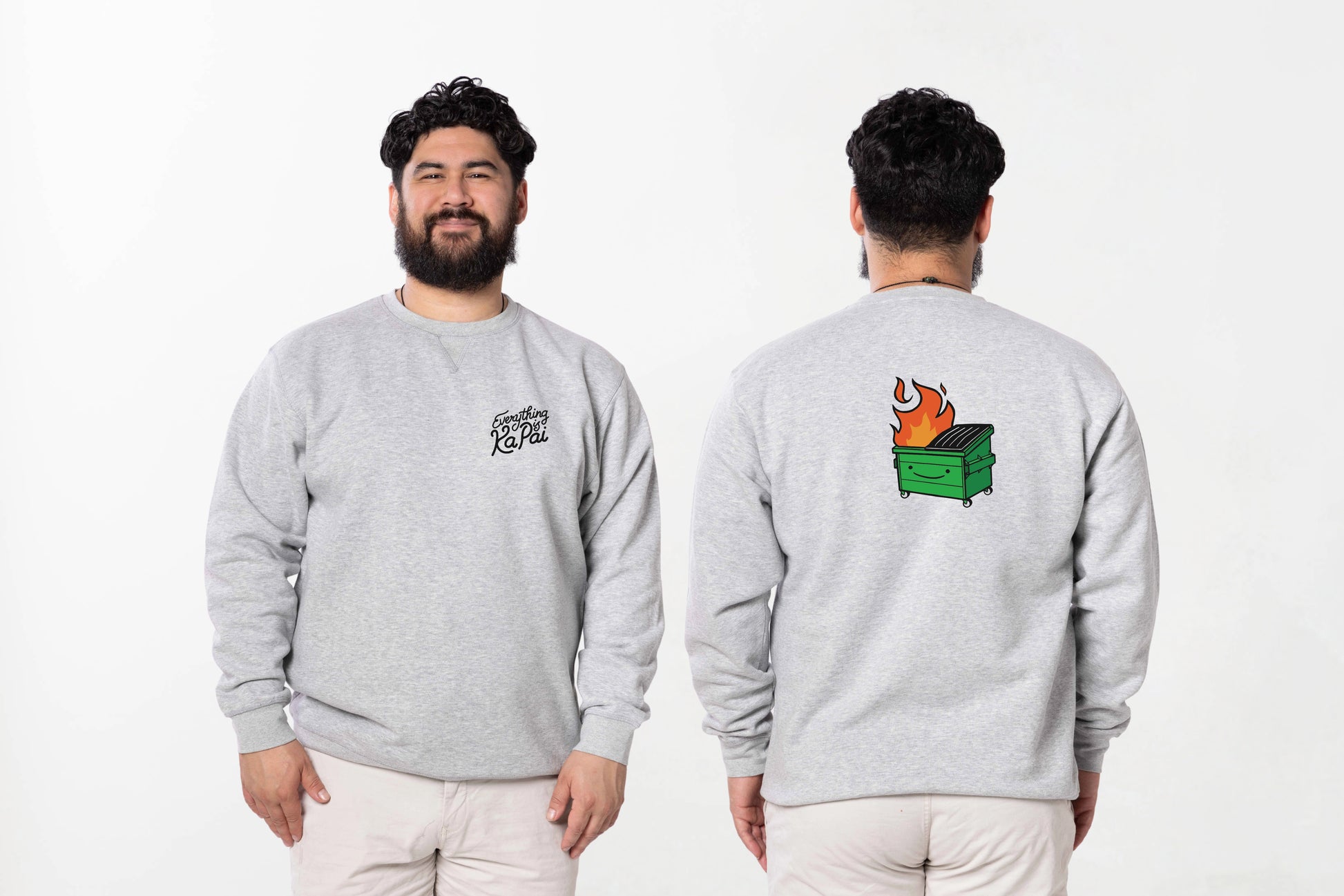 Model wearing the Everything is Ka Pai crewneck – unisex, Māori-inspired cotton/polyester hoodie for everyday NZ wear.